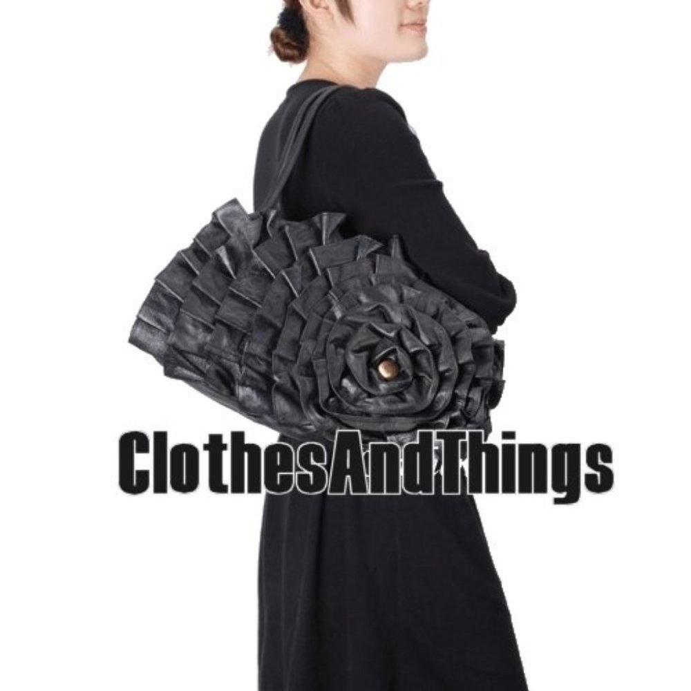 Genuine Black Leather 3-Dimensional Floral Handbag